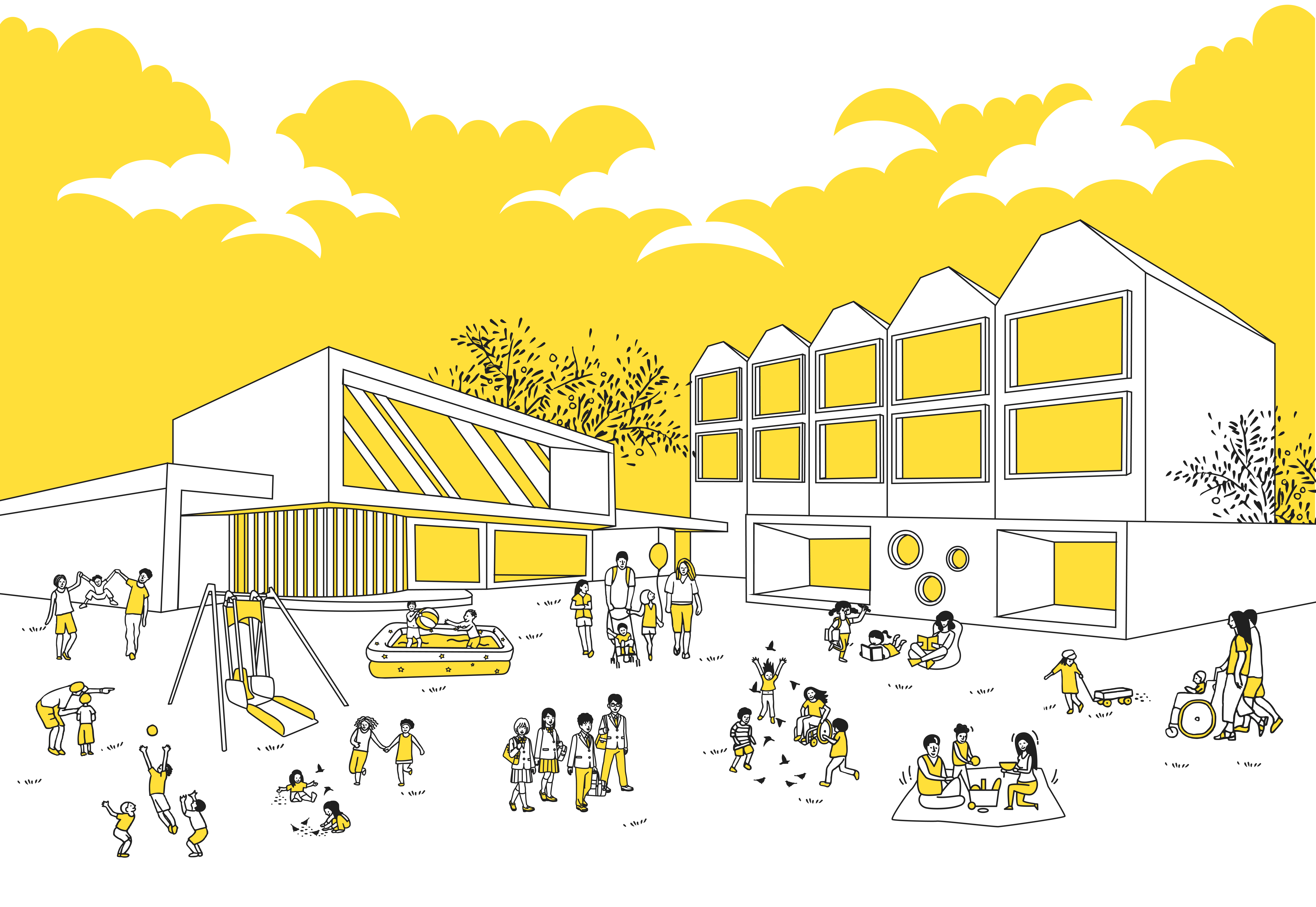 こどもホスピスの庭でくつろぐ病気のこどもたちや中高生、両親