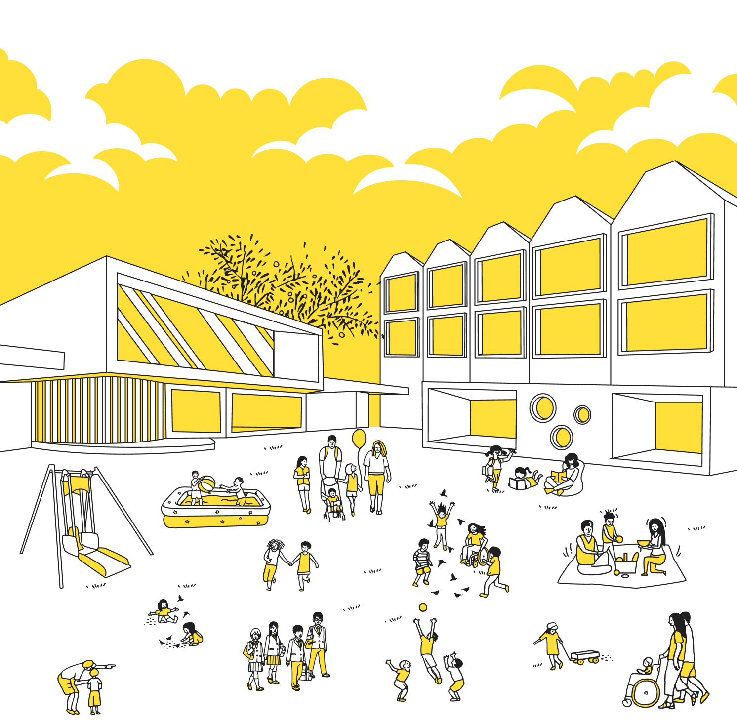 こどもホスピスの庭でくつろぐ病気のこどもたちや中高生、両親